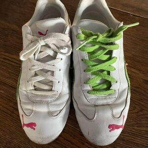 3/$20 Puma White Sneakers with Pink and Green Details
